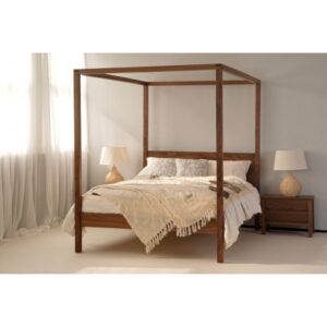 Contemporary design four poster bed queen size natural honey finish-0