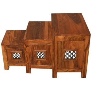 Wooden-furniture-jali-set-of-three-stool-set-made-out-of-sheesham-wood-honey-finish